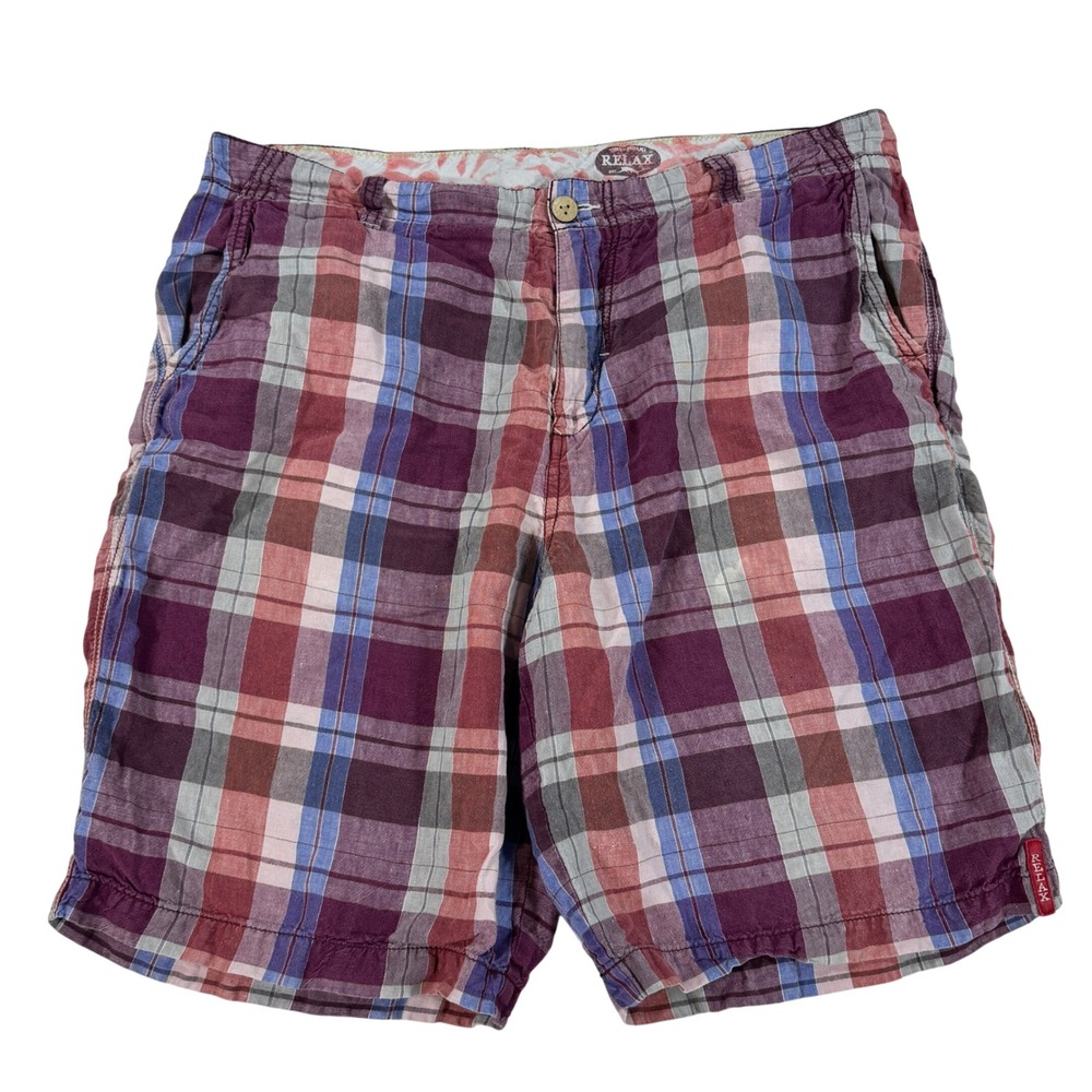Tommy Bahama Relax Men's 36 Purple Plaid 100% Linen Flat Front Casual Shorts